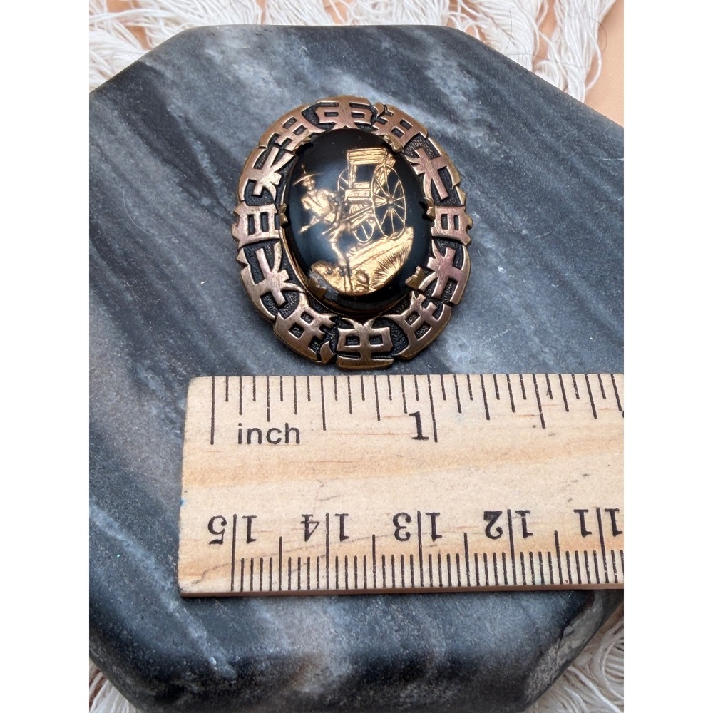 Vintage Damascene Rickshaw Brooch Gold Tone Inlay Japanese Art Deco Pin - Picture 2 of 5